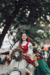 Merry Christmas Ride: A stylish woman in a festive red dress beams with joy as she rides a vintage scooter adorned with Christmas greenery, capturing the spirit of the season. 