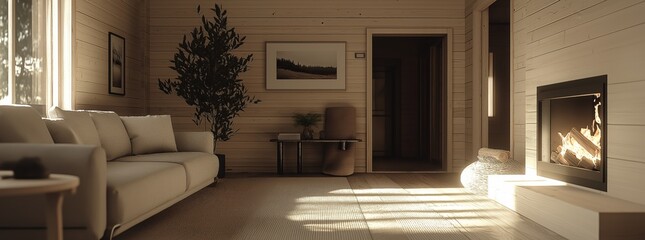 Obraz premium Cozy Living Room with Wooden Interior and Fireplace