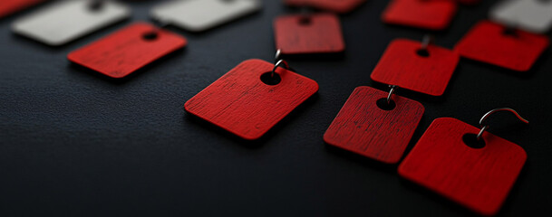 Stylish arrangement of red and white price tags on a dark surface, ideal for Black Friday, Cyber Monday sales, marketing, and promotional materials.