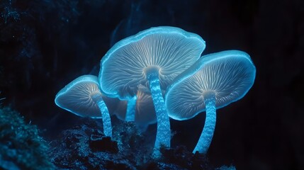 A photograph of glowing blue mushrooms in the dark, with a bokeh effect