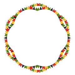 Round wreath of colorful paper pennant garland. Hand drawn watercolor holiday Kwanzaa illustration of yellow, green and red flower shaped frame. Isolated drawing for African-American designs.