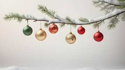minimalist Christmas scene with a few red, green, gold ornament hanging on a bare twig, soft snow, and a pastel background.