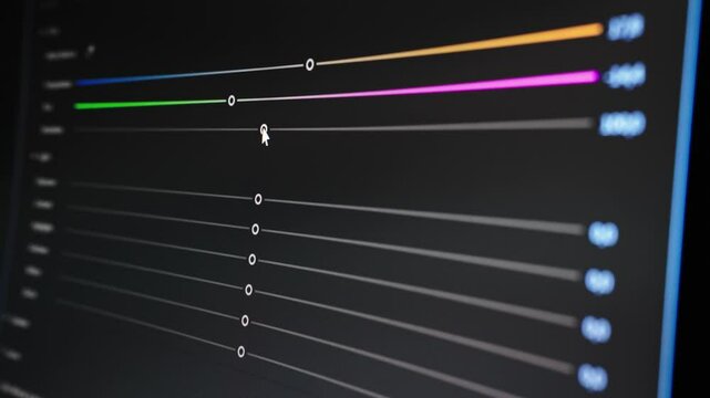 Video editing. Basic color correction with adjustment sliders. Screen close up