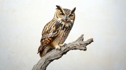 Obraz premium Majestic Owl Perched on a Weathered Branch Against a Light Background