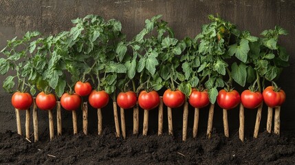 Here's a description and keywords for the image.. Ripe red tomatoes growing on small wooden stakes in rich dark soil.