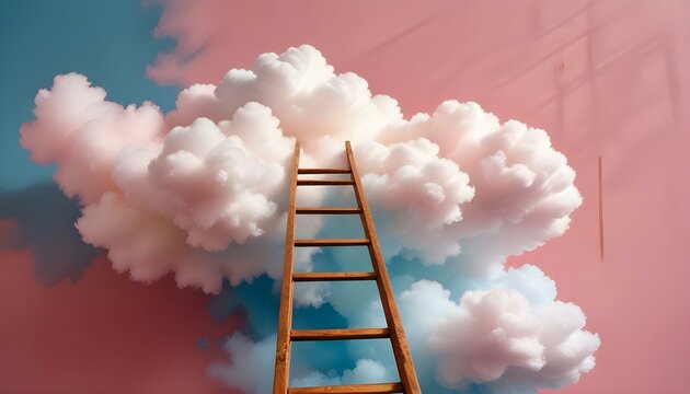 Una nube blanca y esponjosa con una escalera de madera que conduce a ella sobre un fondo rosa