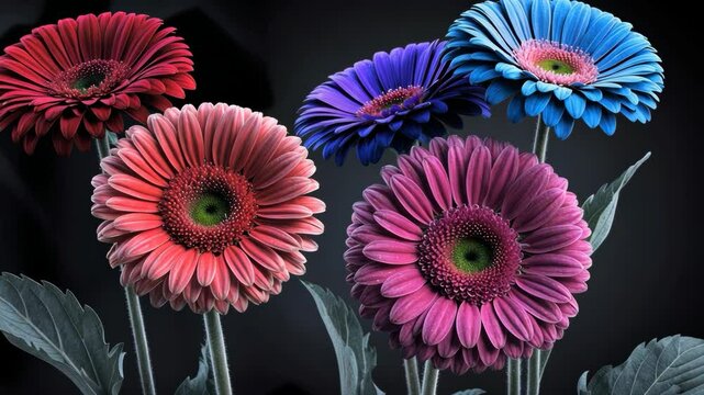 Video footage of Vibrant gerbera daisies in red, pink, purple, and blue hues with detailed petals and dark centers