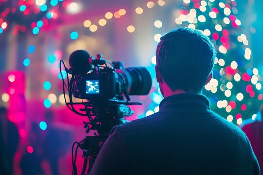 Cinematographer filming festive scene with colorful lights and decorations, capturing joyful moments during a holiday celebration.