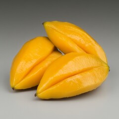 Three ripe, peeled star fruits arranged on a gray surface.
