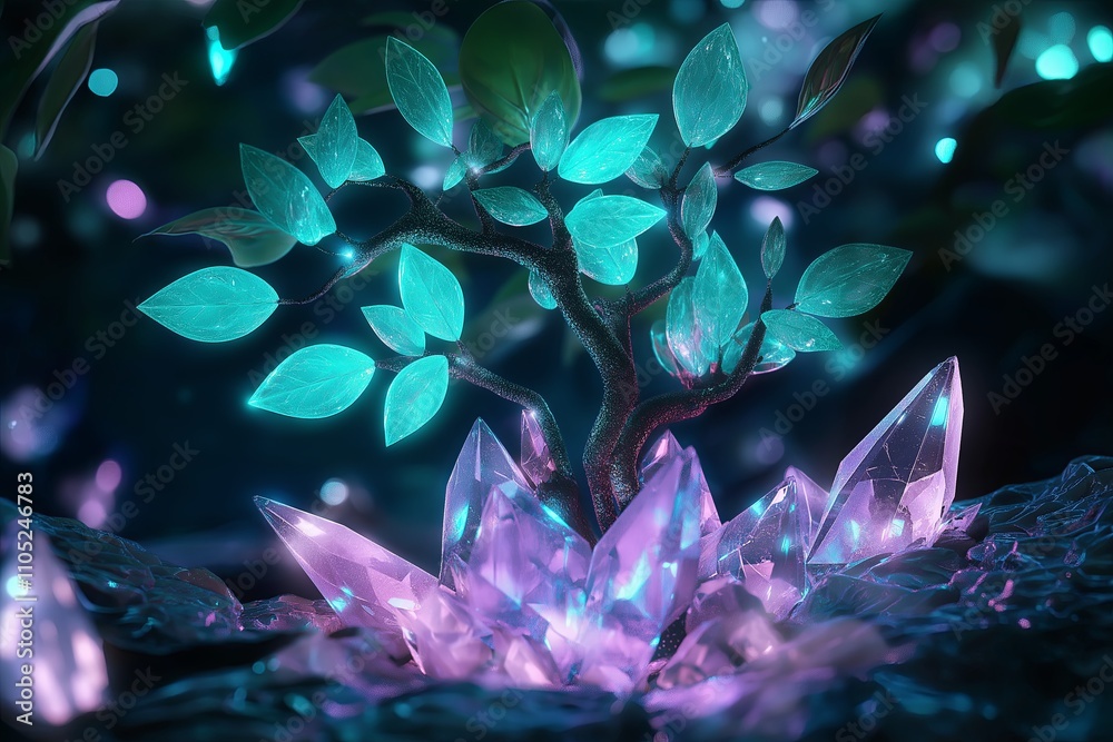 Poster a surreal depiction of a tree with glowing leaves, growing from the center of a massive crystal