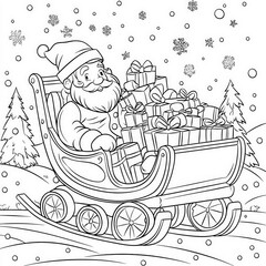 Obraz premium Santa??Ts sleigh packed with toys, coloring page for kids, simple outline illustration. Coloring book, simple lines.
