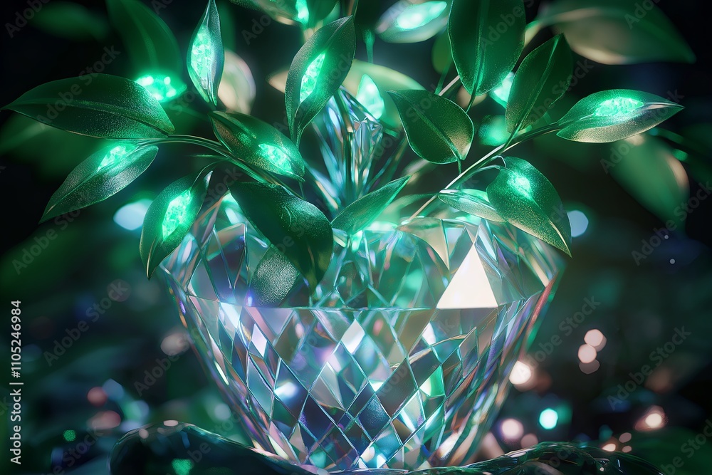 Poster a surreal depiction of a tree with glowing leaves, growing from the center of a massive crystal