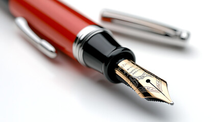 A red pen with a gold nib sits on a white background