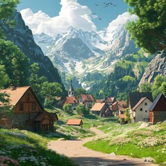 Fototapeta premium Picturesque mountain village nestled in a valley with snow-capped peaks.