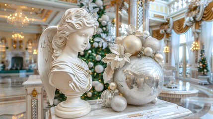 Fototapeta premium Elegant Christmas decor with cherub statue in a grand hall.