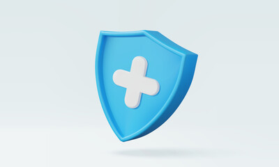 Medical blue shield protection with plus on pastel background insurance report information service healthcare medicine hospital support doctor emergency 3d vector illustration