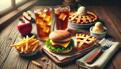 Cheeseburger, french fries, apple pie, soda and ice cream sitting on rustic wooden table
