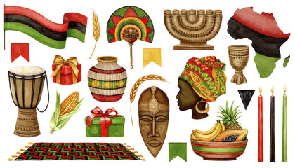 Set of African traditional symbols for Kwanzaa celebrating. Hand drawn watercolor black history holiday illustration. Isolated drawing for African-American cultural festive design and cards.