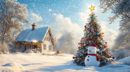 Fototapeta premium Christmas tree in the snow with a cozy house in a winter village landscape