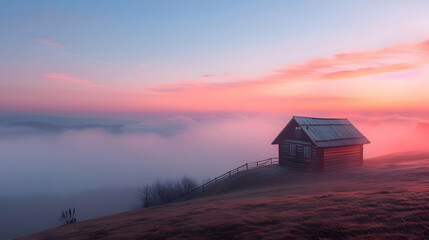 Misty Mountain Cabin Sunrise Illustration