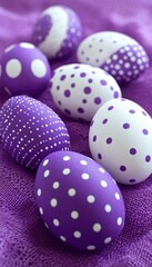 Obraz premium Purple And White Polka Dot Easter Eggs On Matching Surface, Festive Spring Holiday Background