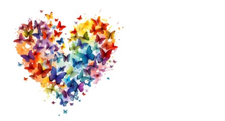 Colorful butterflies forming a heart shape on a white background and a place for text