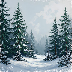 Obraz premium A tranquil winter scene featuring snow covered evergreens in a misty landscape, digital art of nature landscape concept.