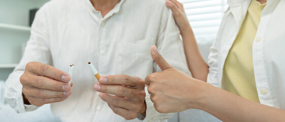 No smoking. Man stop smoke, refuse, reject, destroy, smash cigarette, say no. quit smoking for health. world tobacco day. drugs, Lung Cancer, Respiratory, Pulmonary disease, narcotic, nicotine © Shisu_ka