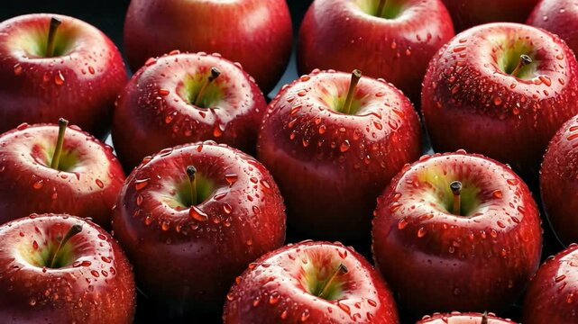 Video footage of Fresh, vibrant red apples with water droplets arranged in rows, showcasing their crisp and juicy texture, perfect for promoting health and nutrition