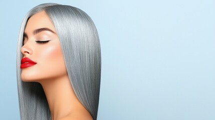 Naklejka premium Sleek straight styling of metallic silver hair a beauty showcase in a studio environment captured from the side for glamorous appeal