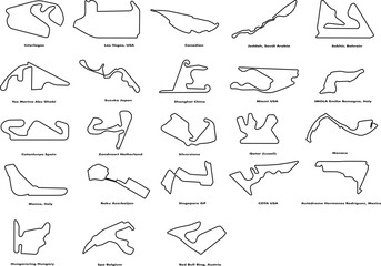 Naklejka premium Set of racing circuit of grand prix. Collection of GP Race Track Illustrations with Editable Stroke. Formula Racing Circuit Vectors.