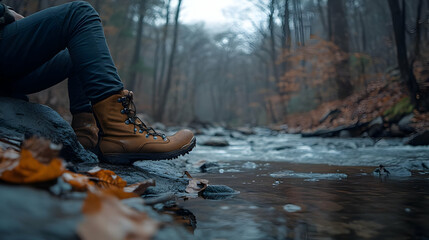 Autumnal Streamside: Realistic Photo of Hiking Boots