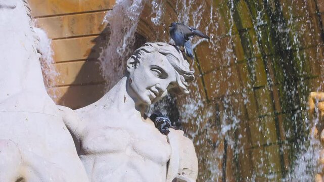 Close-up of statue at Fonte Luminosa fountain in Lisbon, Portugal