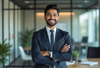 Fototapeta premium Confident businessman in modern office exudes success and professionalism.