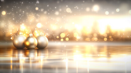 Fototapeta premium Esferas navideñas doradas y plateadas sobre superficie brillante con fondo luminoso