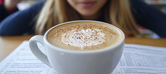 Woman with a blurry face enjoying cup of coffee with latte art on the table with newspaper