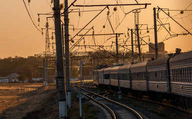 A train travels along the railway in Kazakhstan.