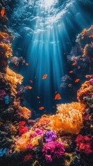 A vibrant underwater scene showcasing colorful corals and fish illuminated by sunlight filtering through the ocean surface.