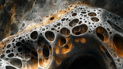Abstract close-up of textured formations with intricate holes, showcasing a blend of organic patterns and striking colors.