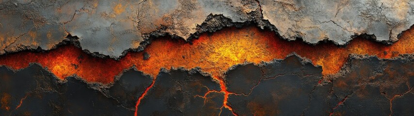 Abstract image showcasing cracks with glowing orange light, symbolizing energy and transformation in a dramatic geological setting.