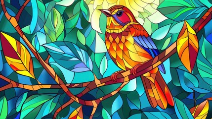 Illustration in stained glass style with a bright bird on a branch on a blue background
