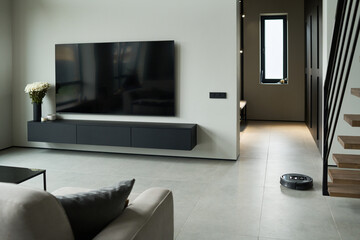 Minimalist modern living room featuring sleek furniture and decor elements with large TV mounted on...