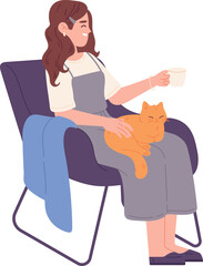 Cozy home evening girl with hot cup and cat