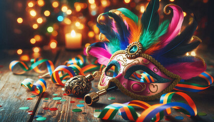 A colorful carnival mask adorned with feathers and glitter, surrounded by streamers and confetti on a festive table