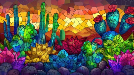 Cactuses and succulents in stained glass window style.