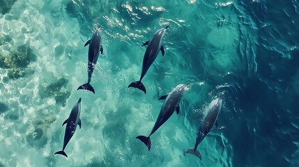 Obraz premium Aerial view of dolphins swimming in clear turquoise waters.