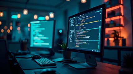 Naklejka premium Innovative Software Engineering: Dynamic Programming and Application Development Visualized on a Modern Computer Monitor