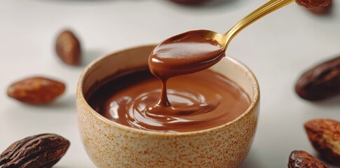 Golden Spoon Lifting Creamy Chocolate Ganache: Indulgent Dessert Delight in Every Rich, Velvety Bite