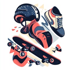 Skateboarding Gear Illustration: Helmet, Sneakers, and Skateboard Design