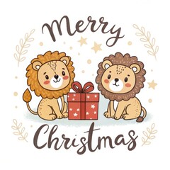 Obraz premium cute cartoon lion with gift box merry christmas background